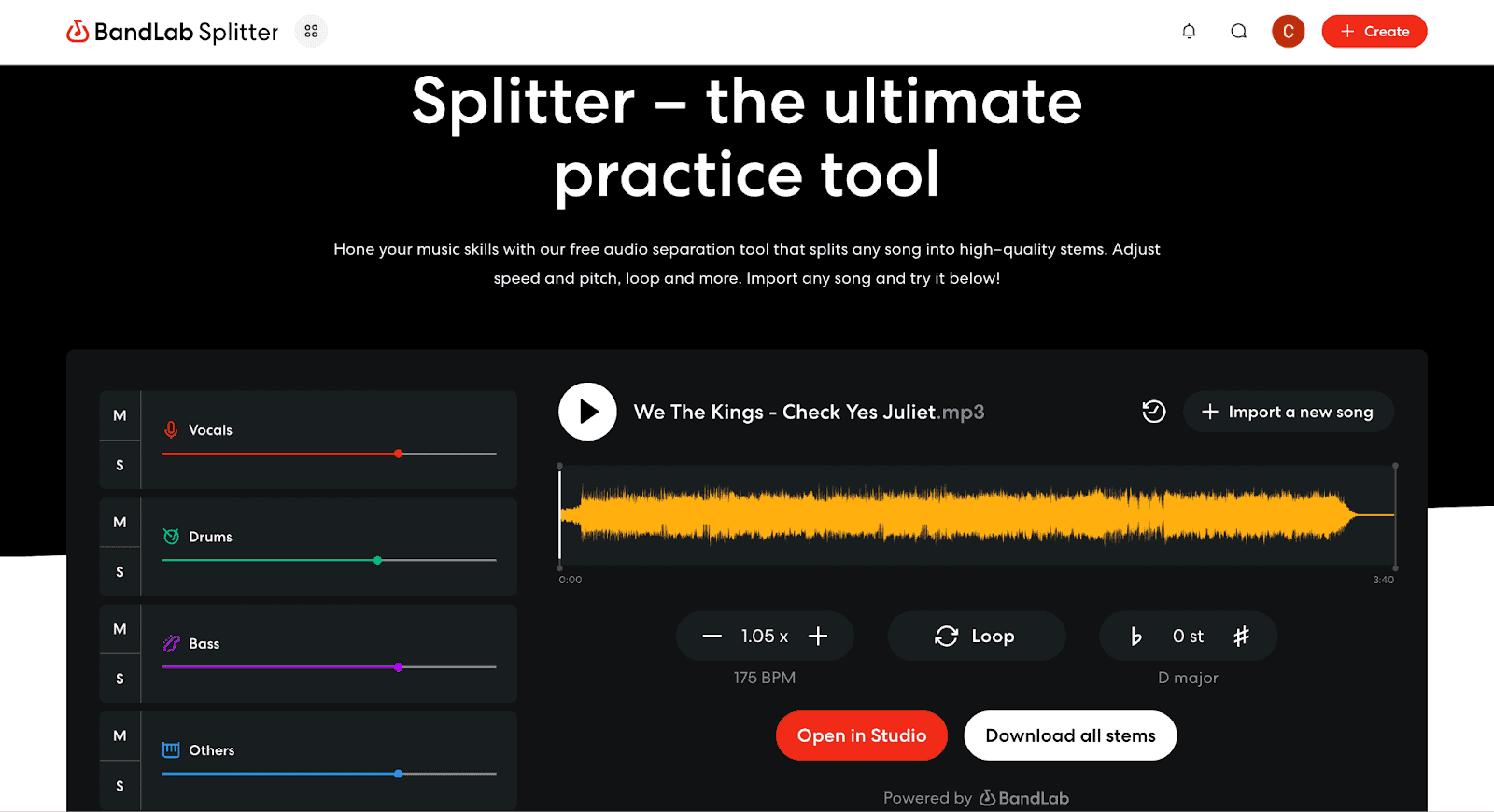 BandLab's Splitter tool with an audio file uploaded