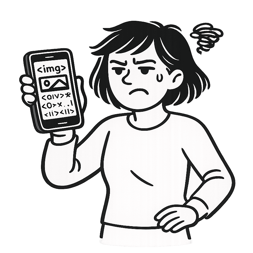 A frustrated event organizer views a mobile page filled with broken HTML and CSS code, highlighting uncertainty about how content renders on mobile.