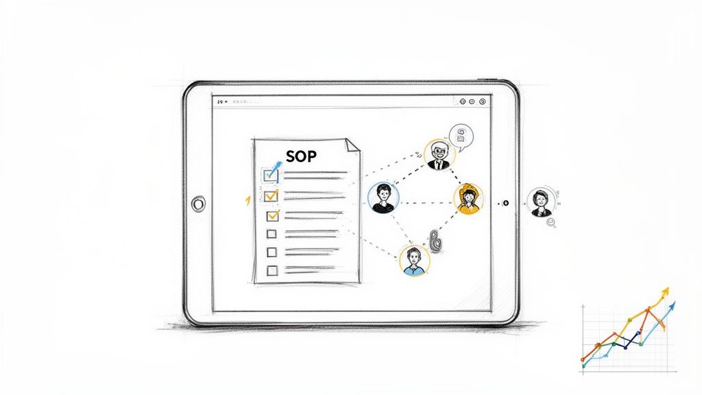 A tablet displays an SOP document with a checklist, connected to a network of collaborating people and a growing performance graph.