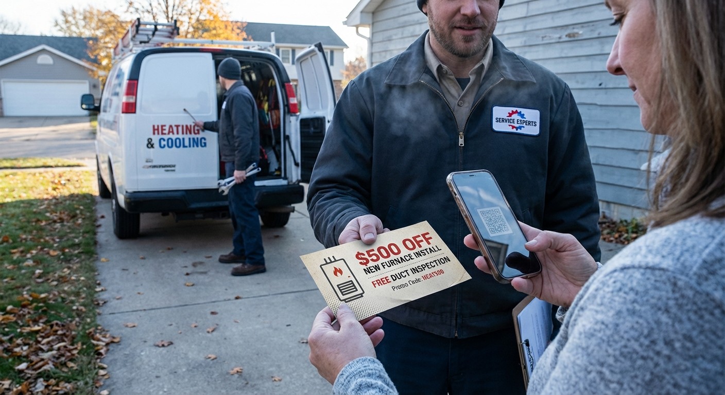 HVAC technician presenting direct mail furnace installation discount offer with QR code for campaign tracking