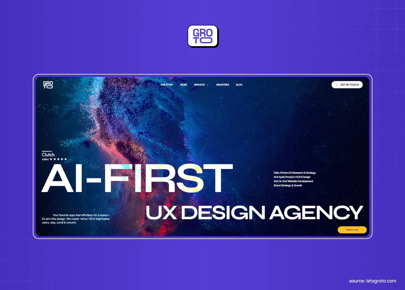 Groto AI-first UX design agency website featuring a colorful digital face and the headline “AI-FIRST UX DESIGN AGENCY.”