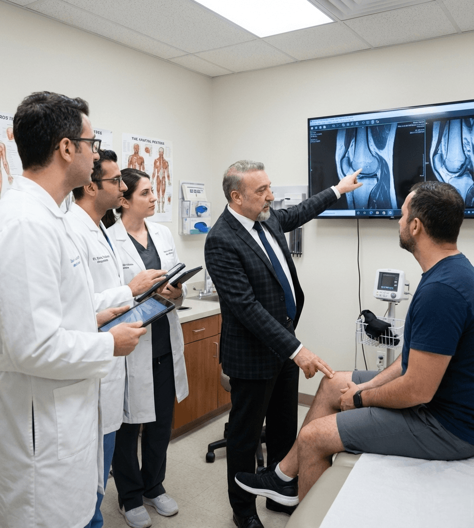 As a knee specialist in Dubai, Dr. Farid Ghasemzadeh reviewing MRI for knee pain treatment.
