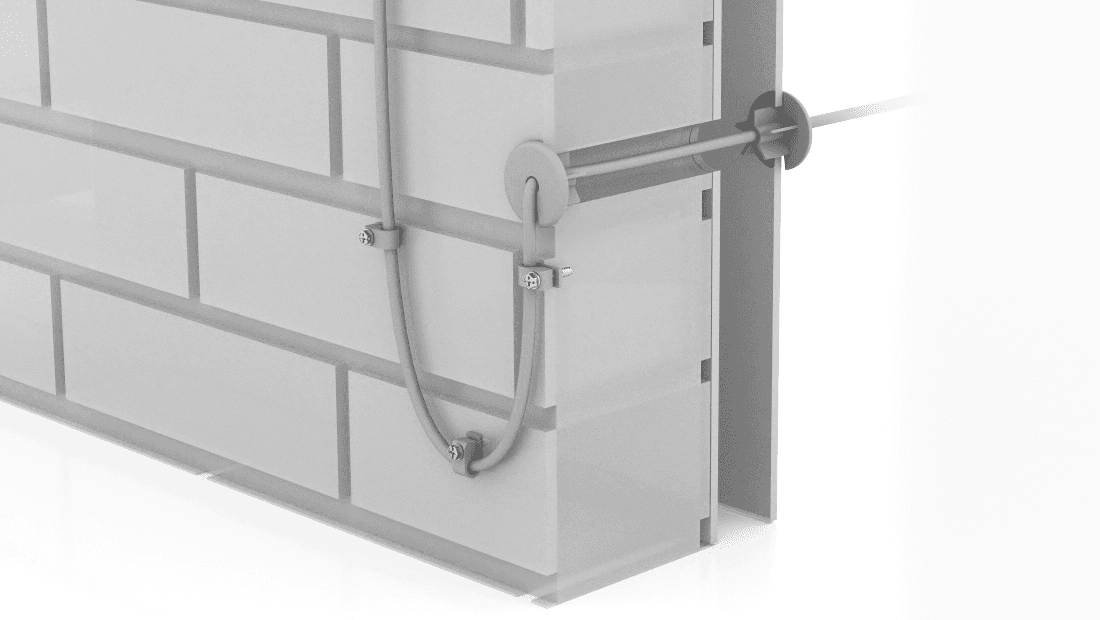 A detailed rendering of a Starlink brick wall installation system showing support brackets and a metal wire attached to an anchoring mechanism, illustrating construction techniques.