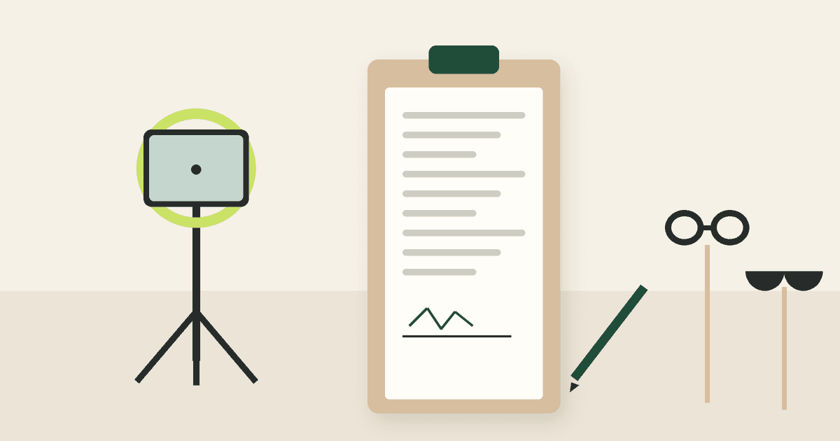 Illustration of a signed photo booth contract on a clipboard next to an open-air booth and photo props, the paperwork that confirms each booking.