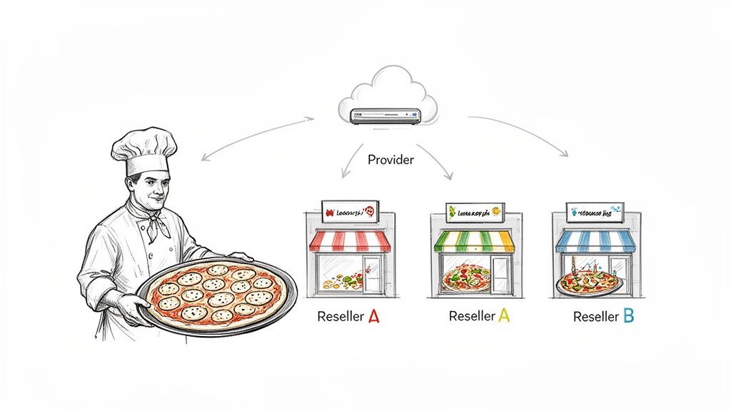A chef's white-label pizza is distributed by a cloud provider to multiple customized reseller storefronts.