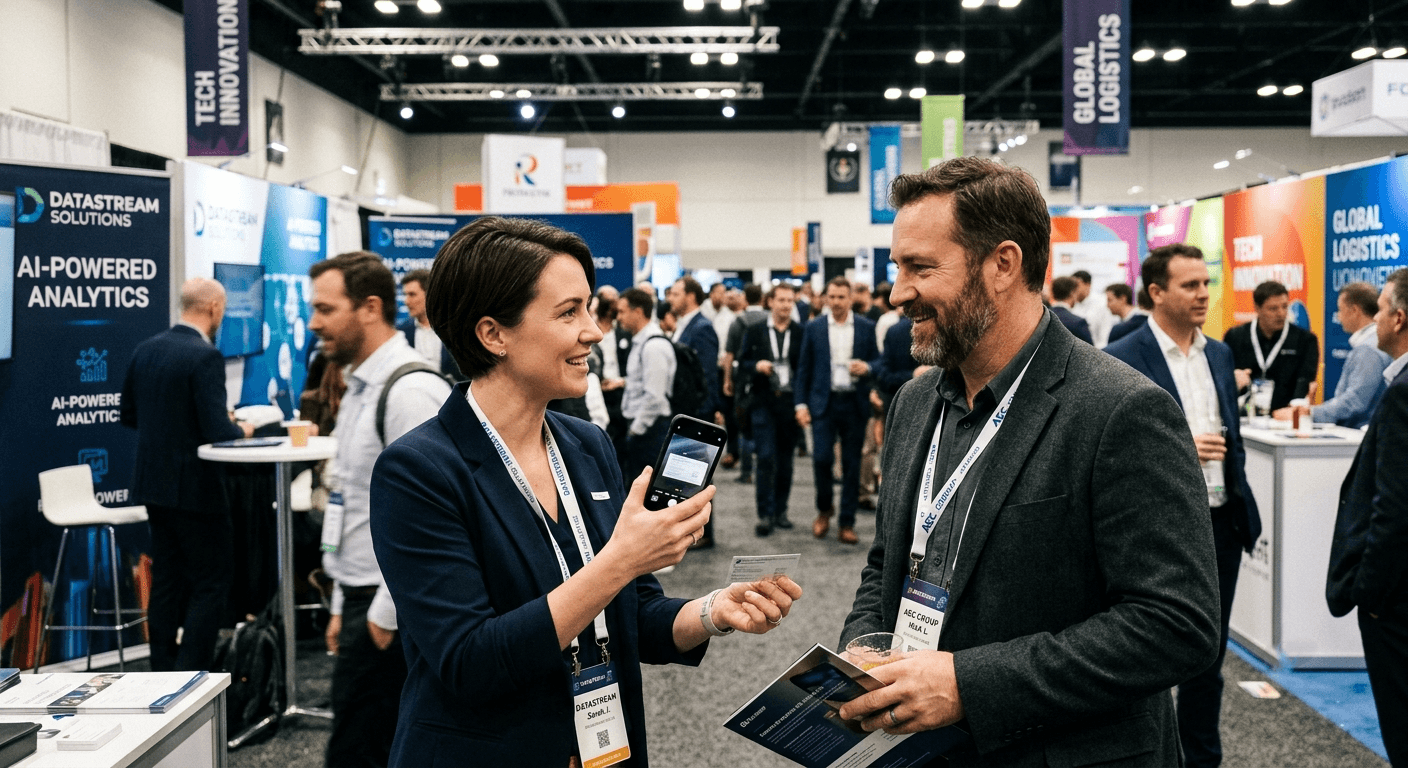 Sales representative scanning a business card at a busy trade show booth while speaking with a prospect.