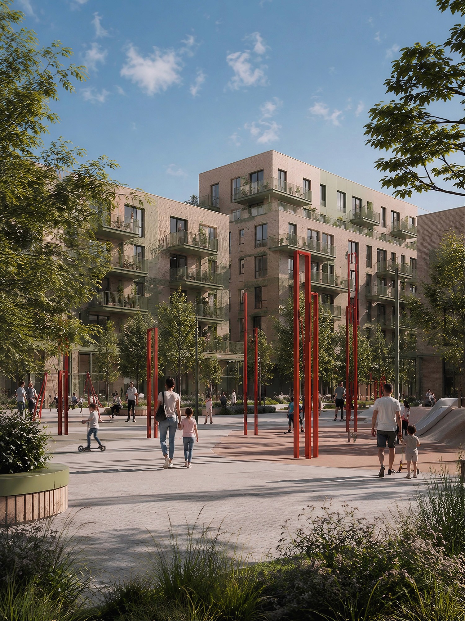 A lively outdoor plaza in a modern brick apartment complex featuring tall red decorative poles, trees, and families walking and playing.