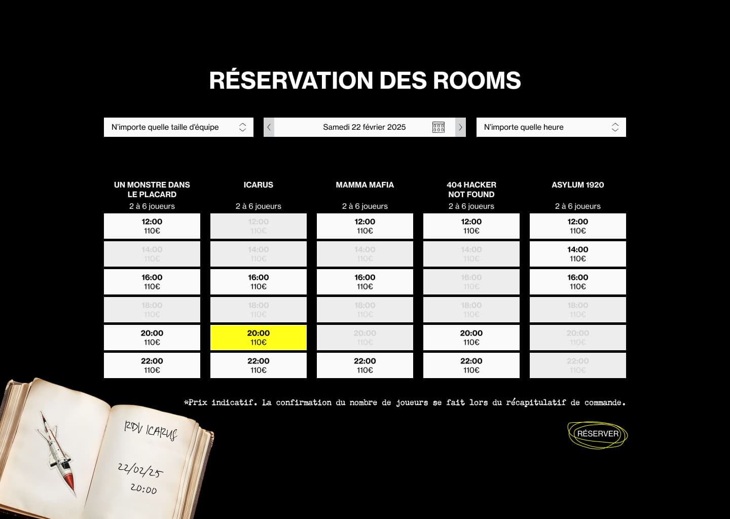 Section permettant de réserver une room, sous forme de tableau récapitulatif des créneaux diponibles.