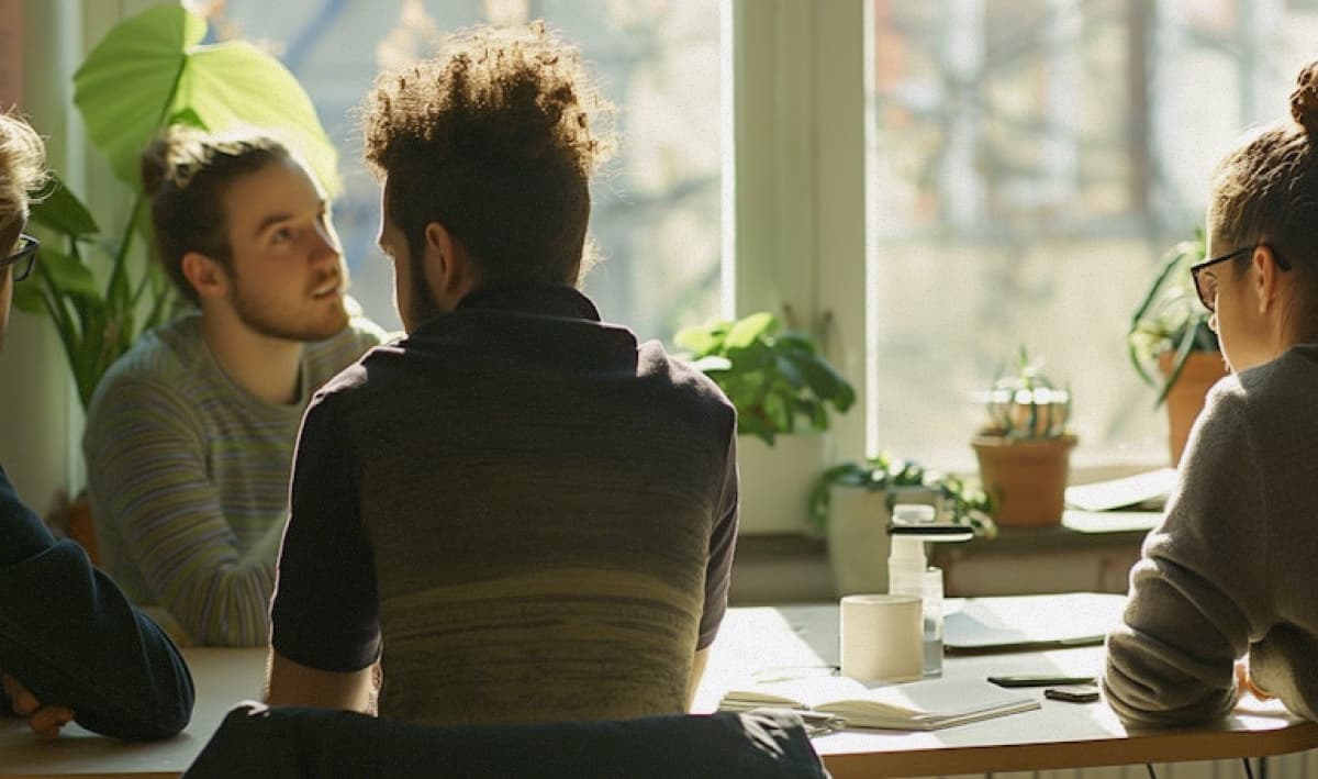 Three people sitting around a desk in focused discussion