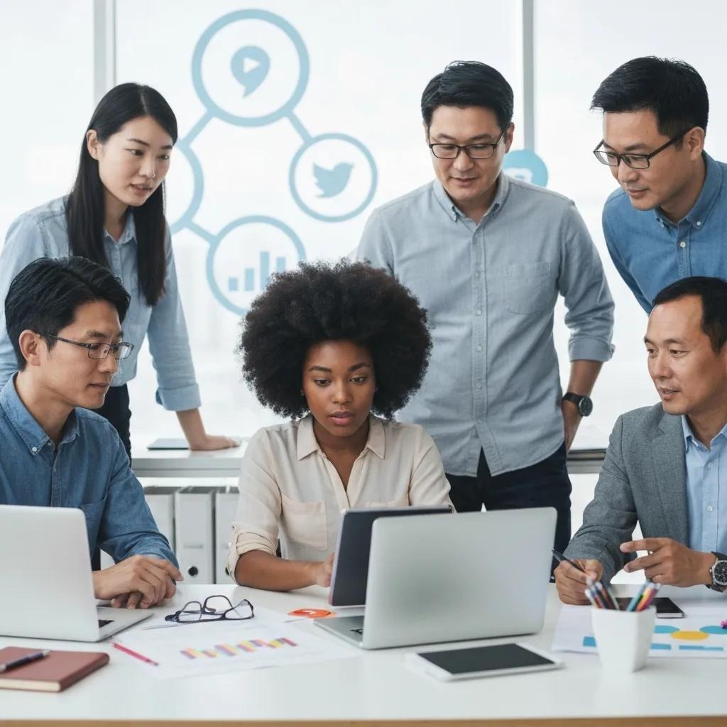 Diverse professionals collaborating on social media marketing strategies in a modern office