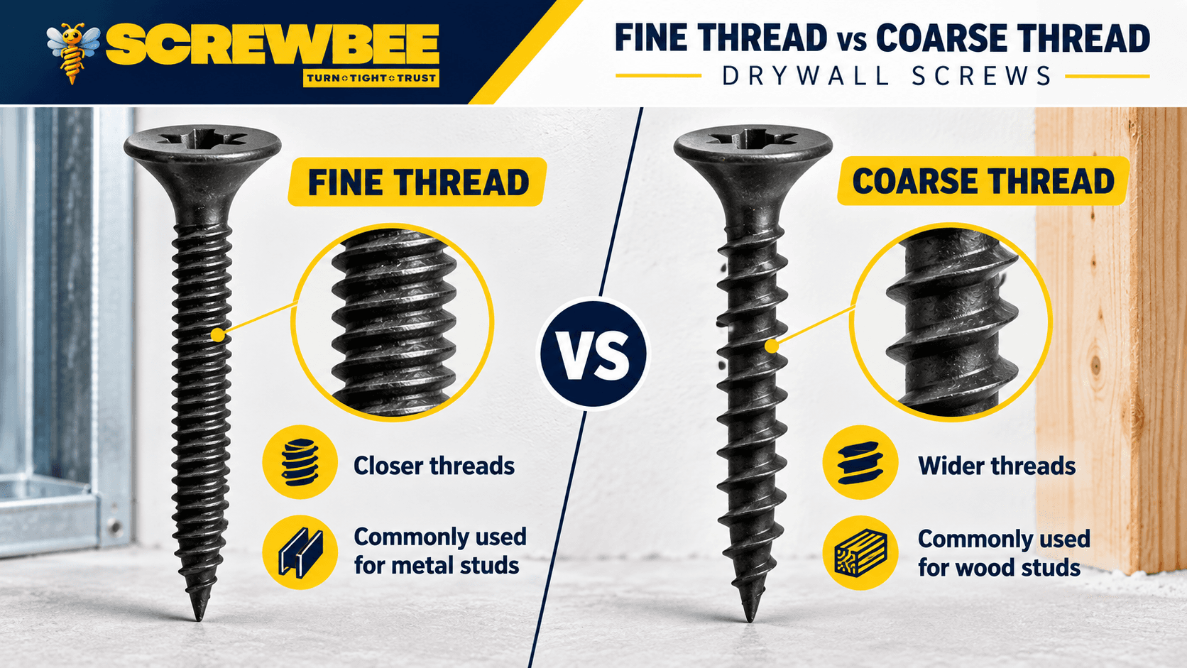 Fine thread and coarse thread drywall screws