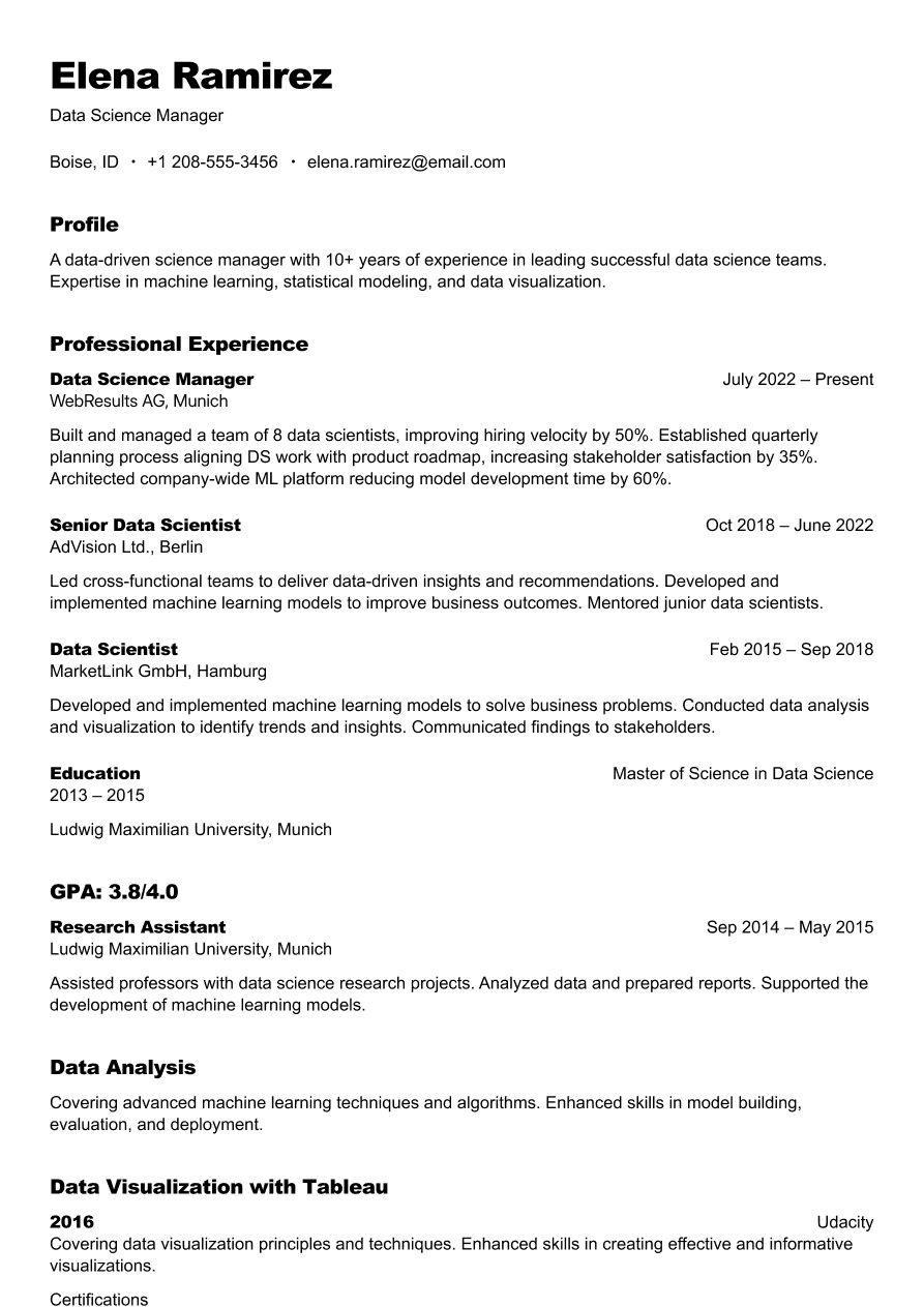Data science manager resume example