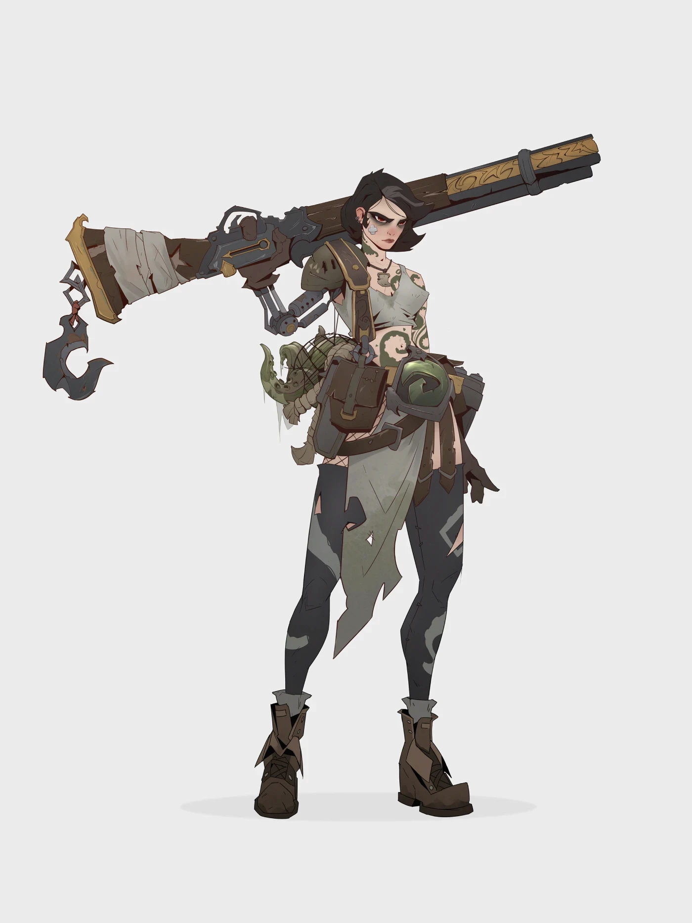 Female scavenger character with oversized rifle – concept art by Kuba Fidler