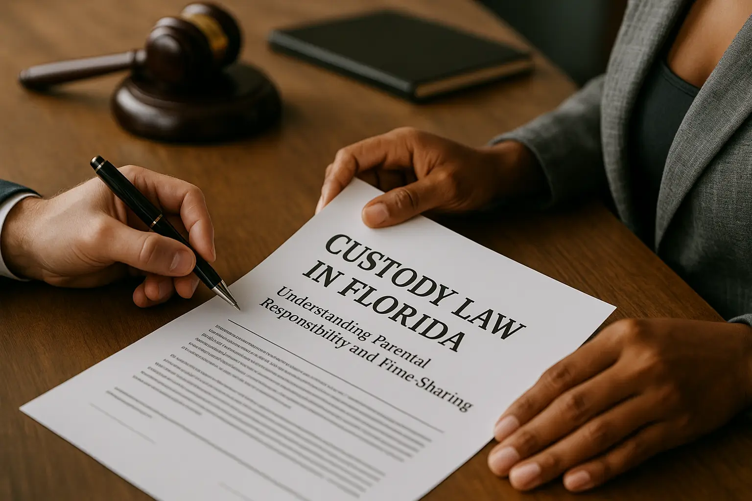 Document titled “Custody Law in Florida: Understanding Parental Responsibility and Time-Sharing” on a lawyer’s desk, with two people reviewing and signing legal papers beside a gavel.