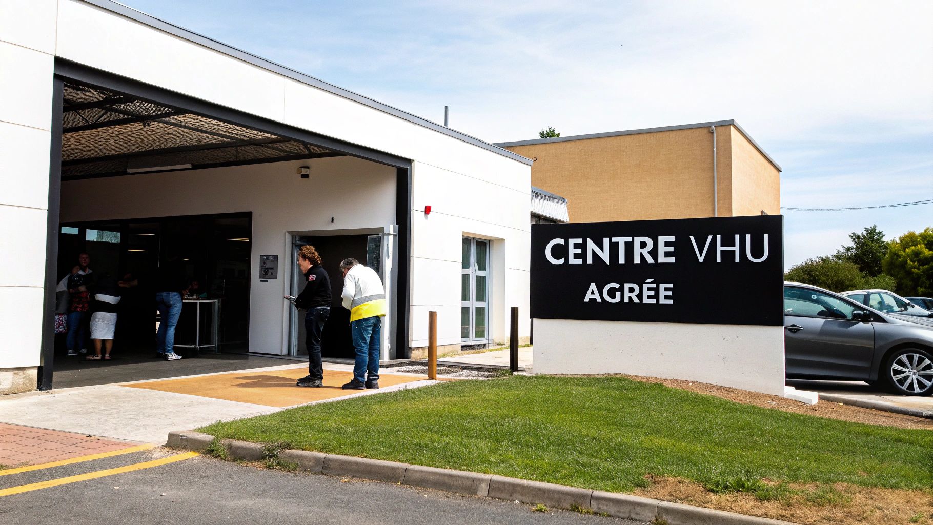 Un centre VHU agréé avec des personnes devant l'entrée et des voitures garées sous un ciel bleu.