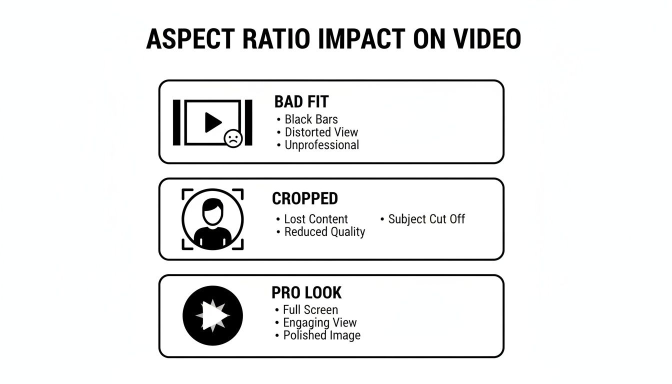 Infographic illustrating the impact of video aspect ratio with examples of bad fit, cropped, and pro look.