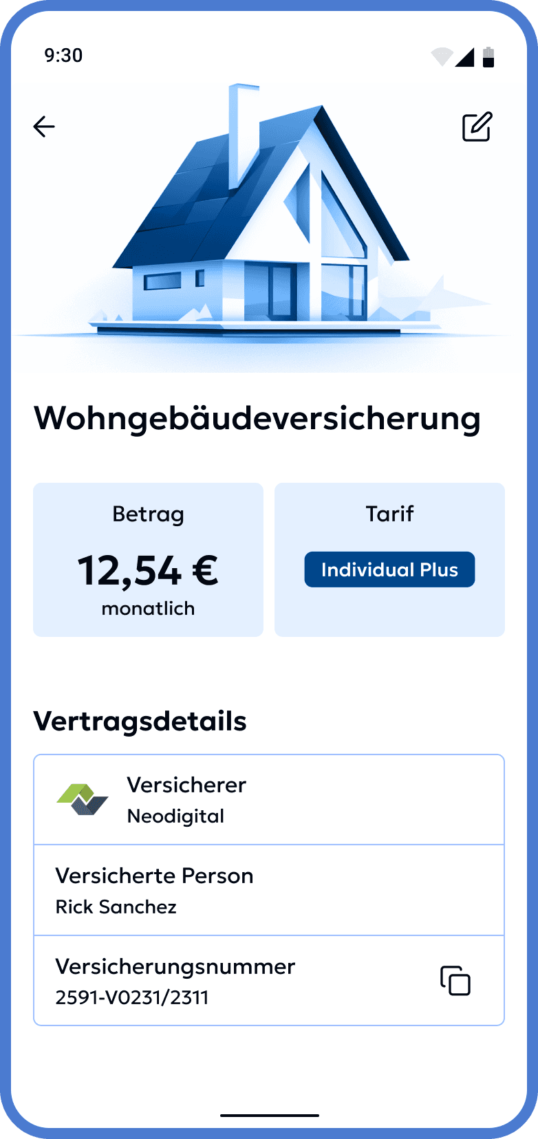 Screenshot der Monio App, der eine Wohngebäudeversicherung mit allen Versicherungsdetails zeigt