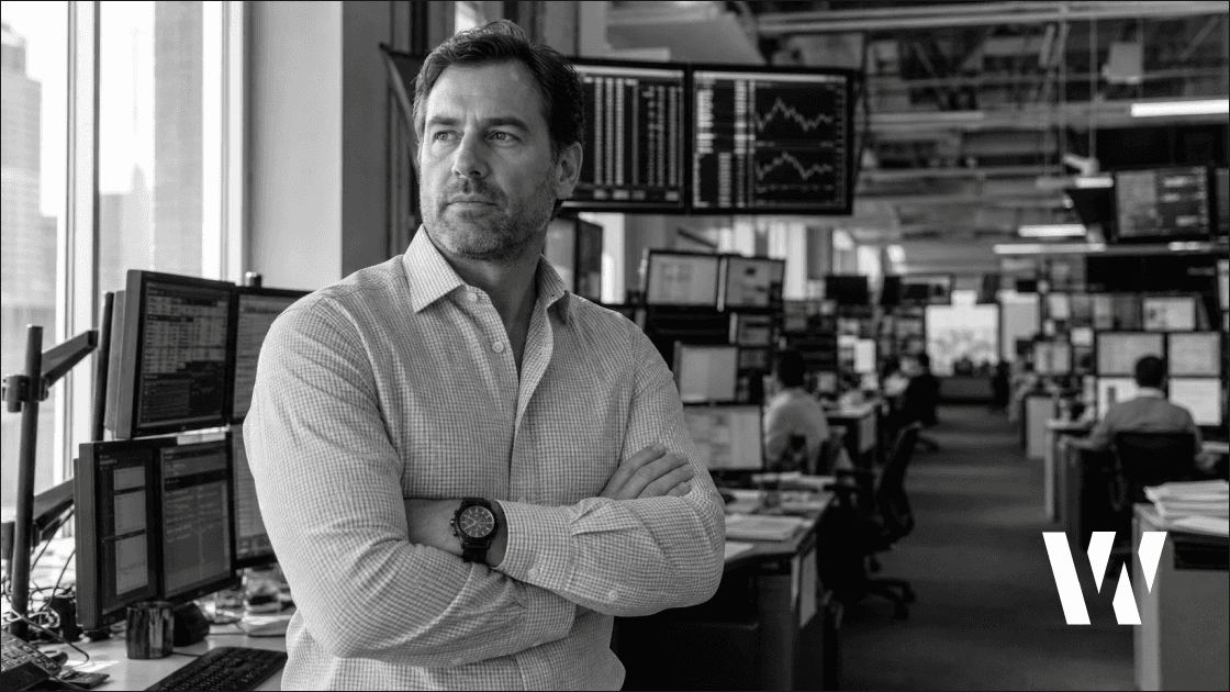 Trader with arms crossed faces away on a multi-screen trading floor, diffused daylight from the left.