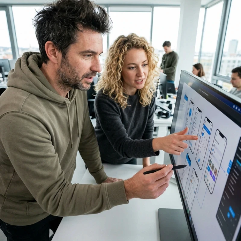 Équipe de professionnels en agence à Paris, échangeant autour d'un plan d'action structuré et de documents de synthèse dans un espace de travail collaboratif, illustrant notre expertise en Stratégie de comm 360° pour garantir un accompagnement qui relie vision et exécution.