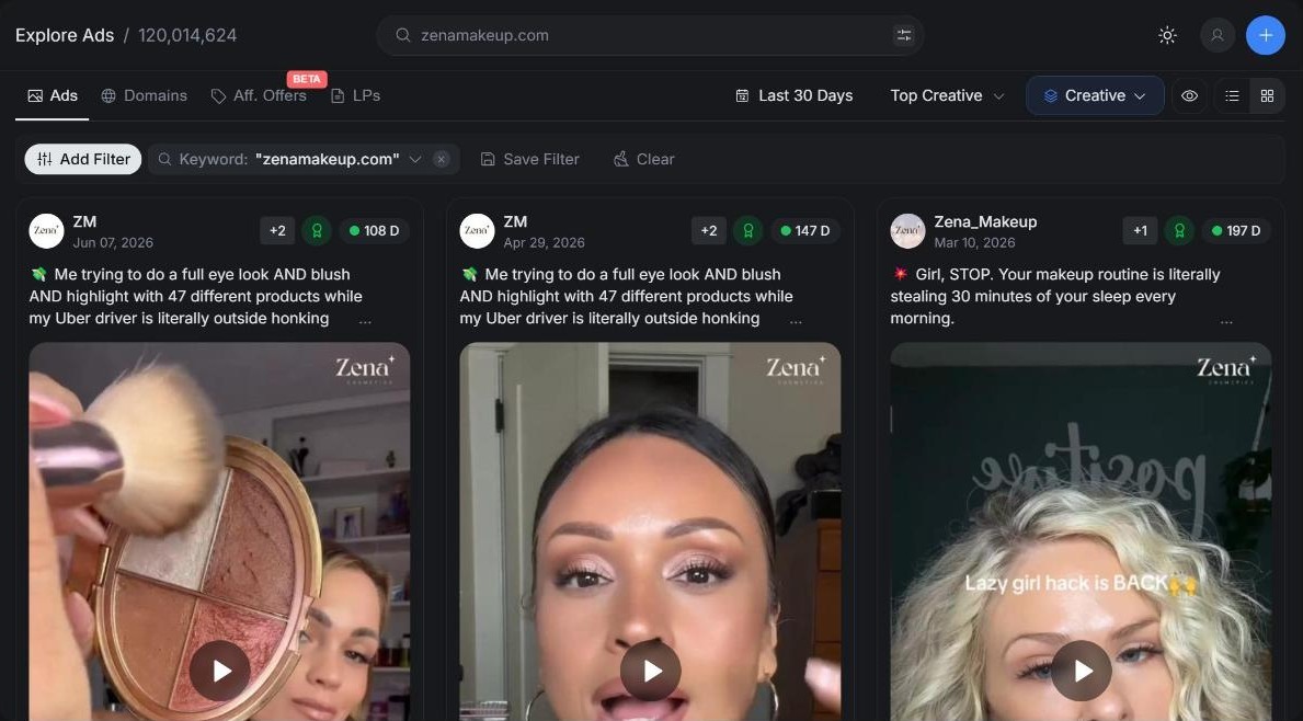 ZenaMakeup's videos in Explore, sorted by Top Creative: its palette videos lead the list