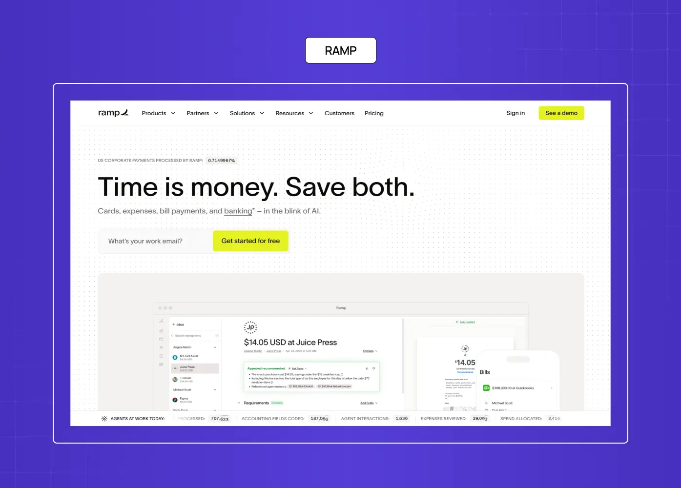 Ramp landing page promoting AI-powered finance and expense management with a clean enterprise dashboard preview.