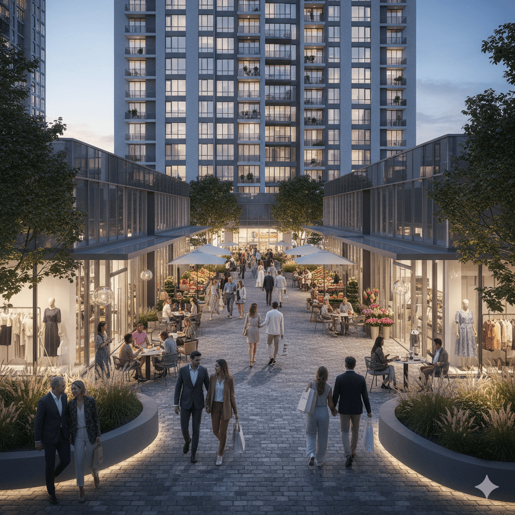 High-end low-street retail market plaza beneath apartment towers at M3M Gurugram