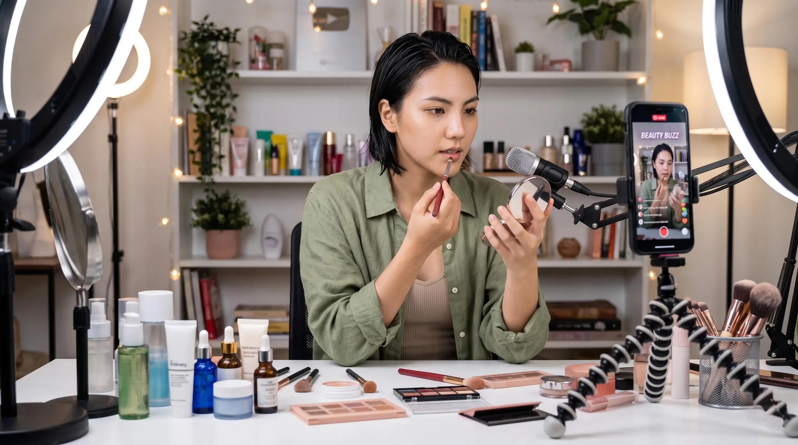 A female content creator sitting at her desk with makeup palettes, applying lipstick in front of a mirror.
