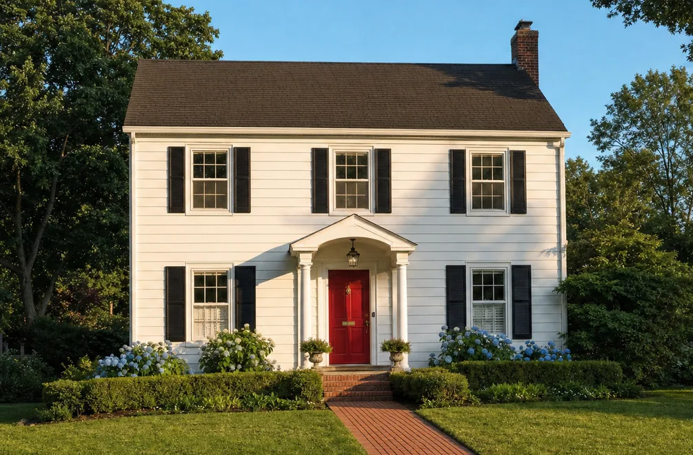 White colonial home with black shutters and a red front door in Greater Lansing
