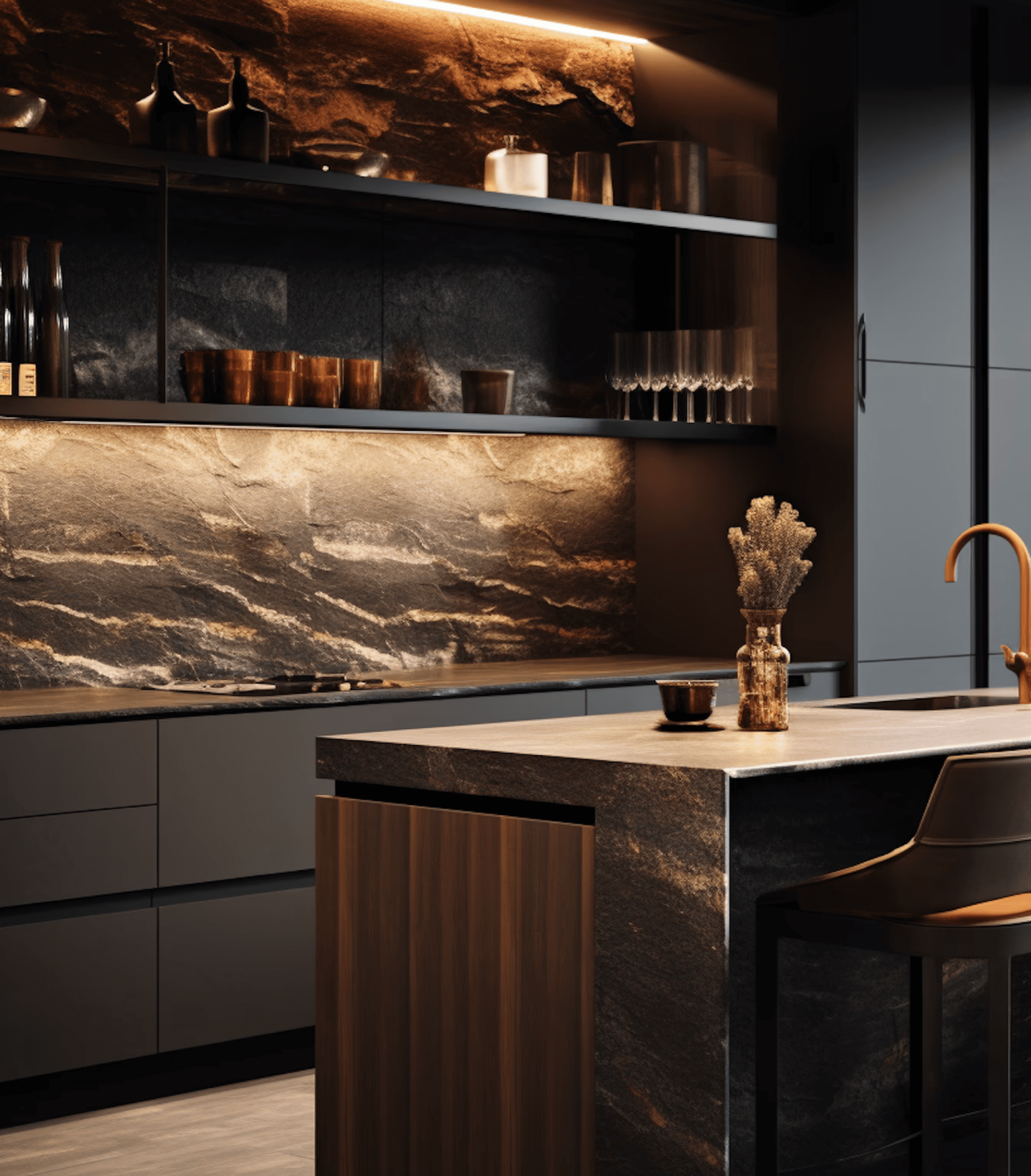 Bucătărie modernă de lux cu dulapuri închise la culoare, placare model piatră și iluminare caldă de accent.