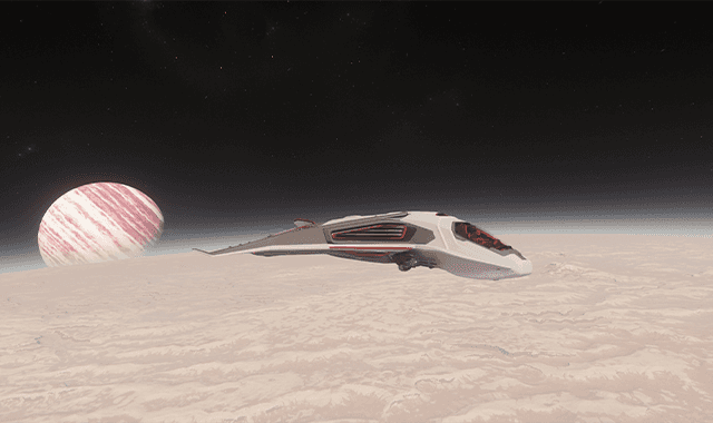 A sleek white Sabre Firebird cruises above a barren planet's surface with a pink and white gas giant planet Crusader in the background, evoking a sense of cosmic exploration.