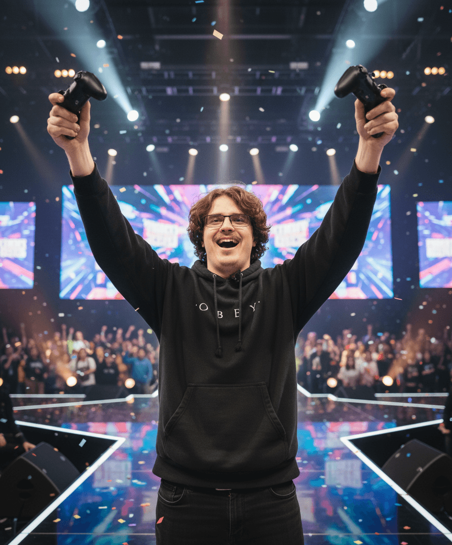 The patient celebrating a victory on a brightly lit esports stage, holding up game controllers with full confidence. Demonstrates the long-term positive impact of the transformation on his professional gaming career and public image.