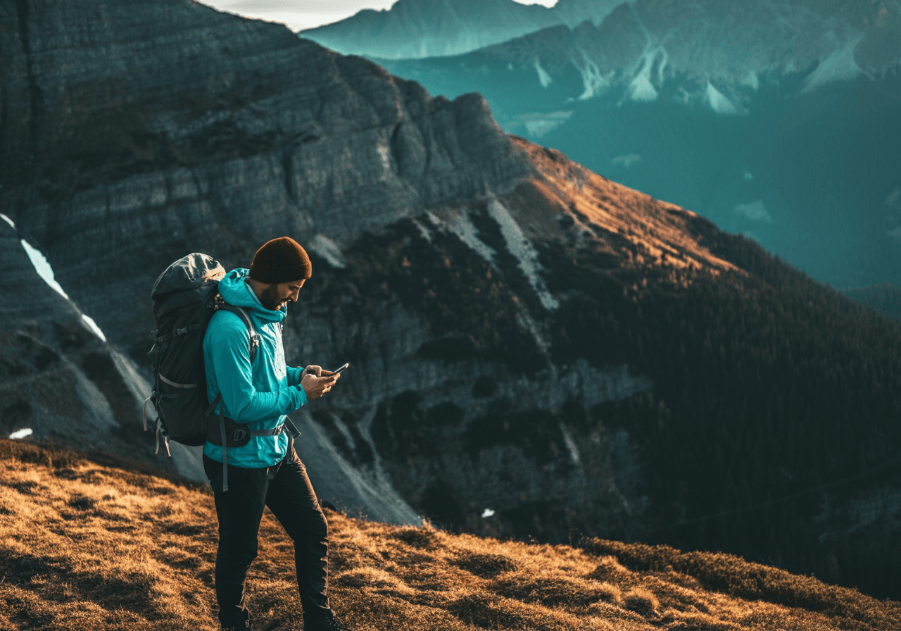 hiker walking up mountain checking phone 