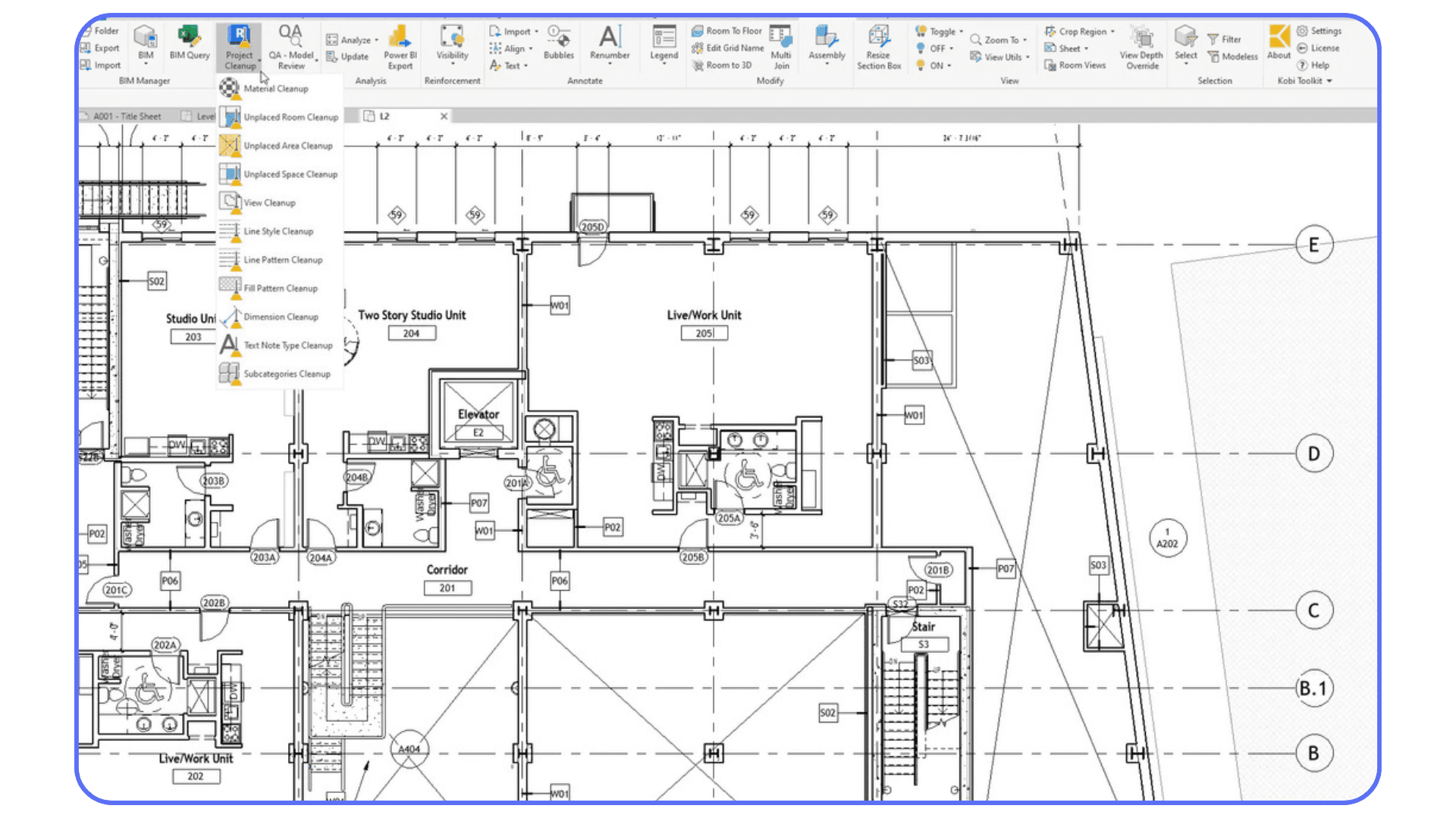 Detailed Revit floor plan with room layouts, dimensions, and structural grid references