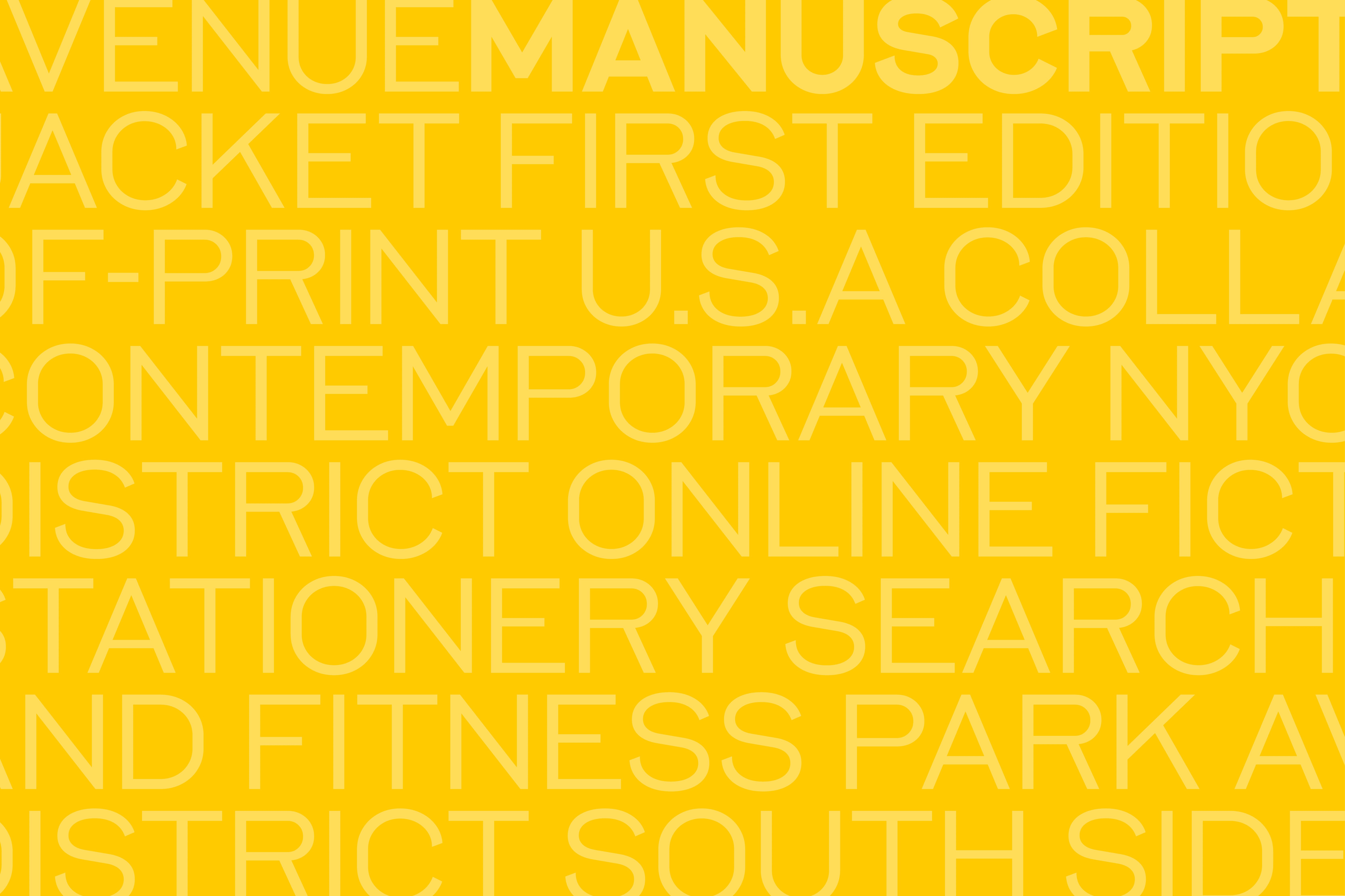 Bright yellow background features repeated white text with a variety of scrambled phrases related to printing and online registration.