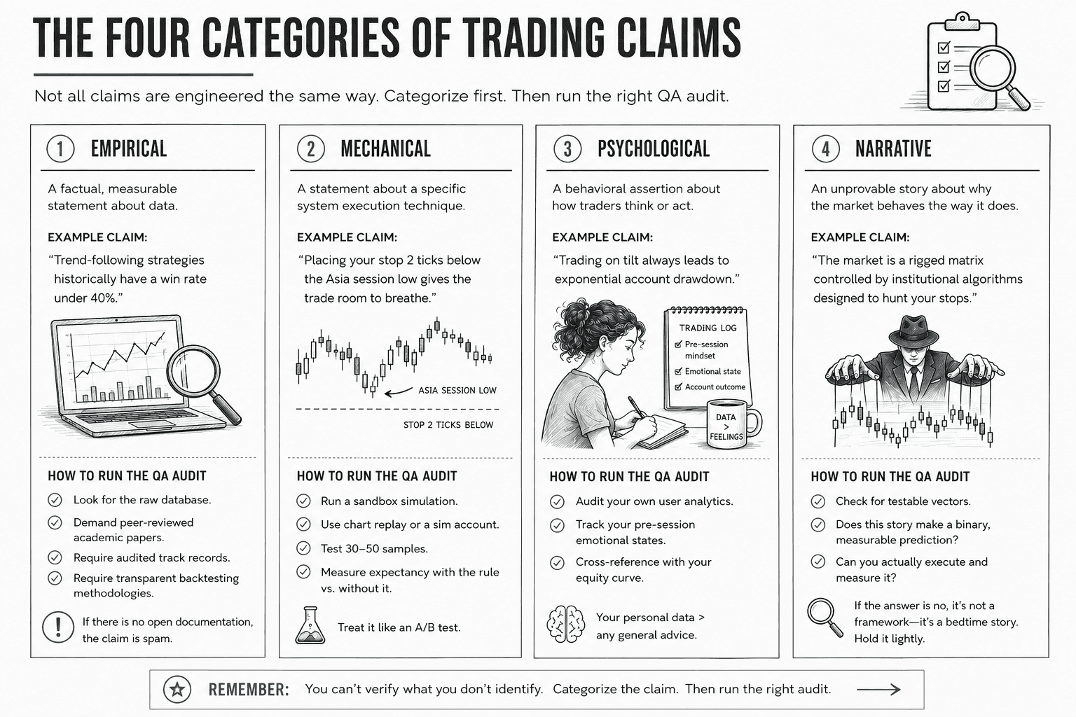 A four-column framework explaining how to evaluate trading claims by categorizing them as Empirical, Mechanical, Psychological, or Narrative. Each category includes the type of claim, examples, and the appropriate verification method, helping traders distinguish evidence-based information from opinion or marketing.