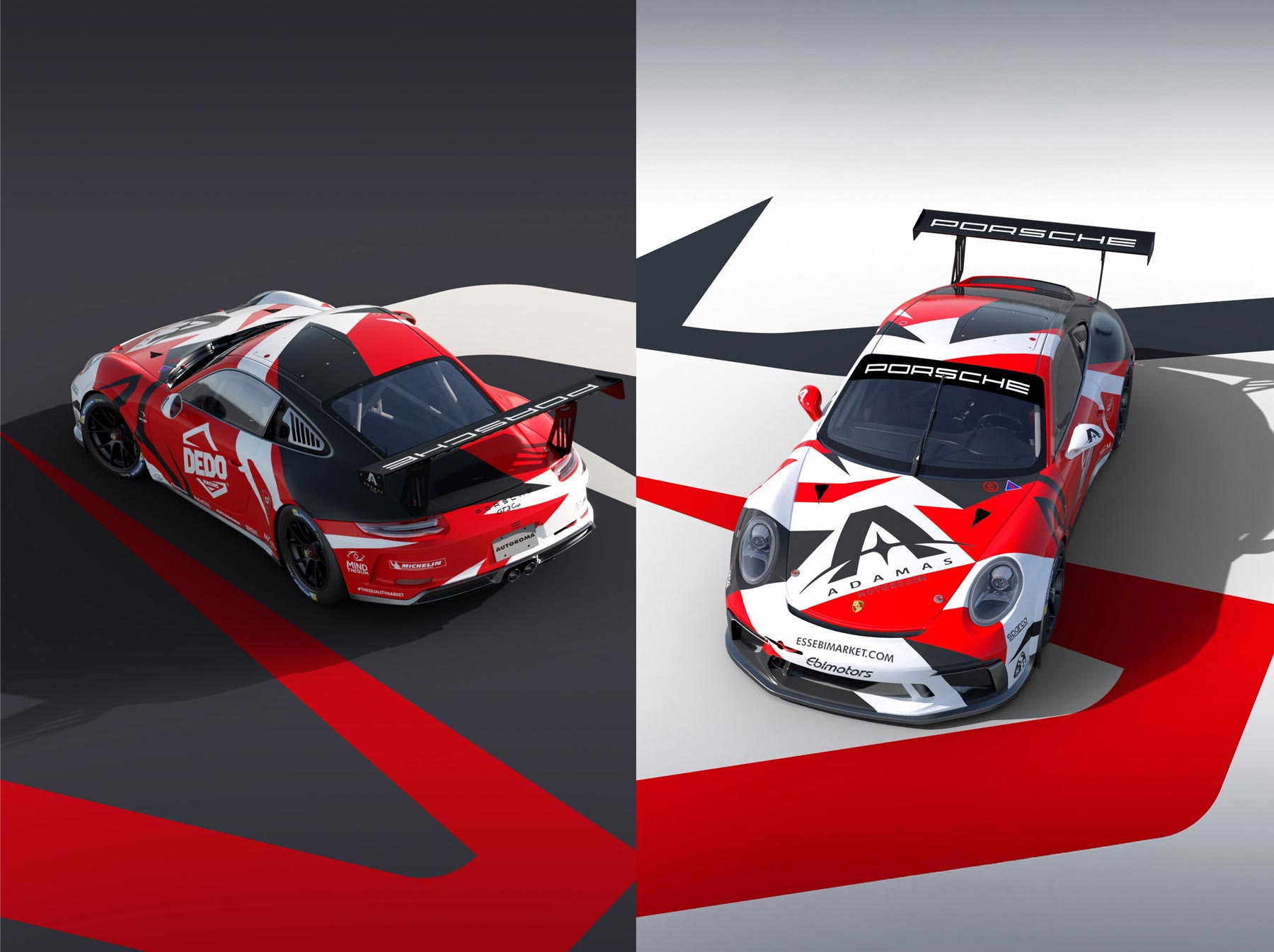 Renders in various angles of custom racing livery for Deco Racing Porsche 911