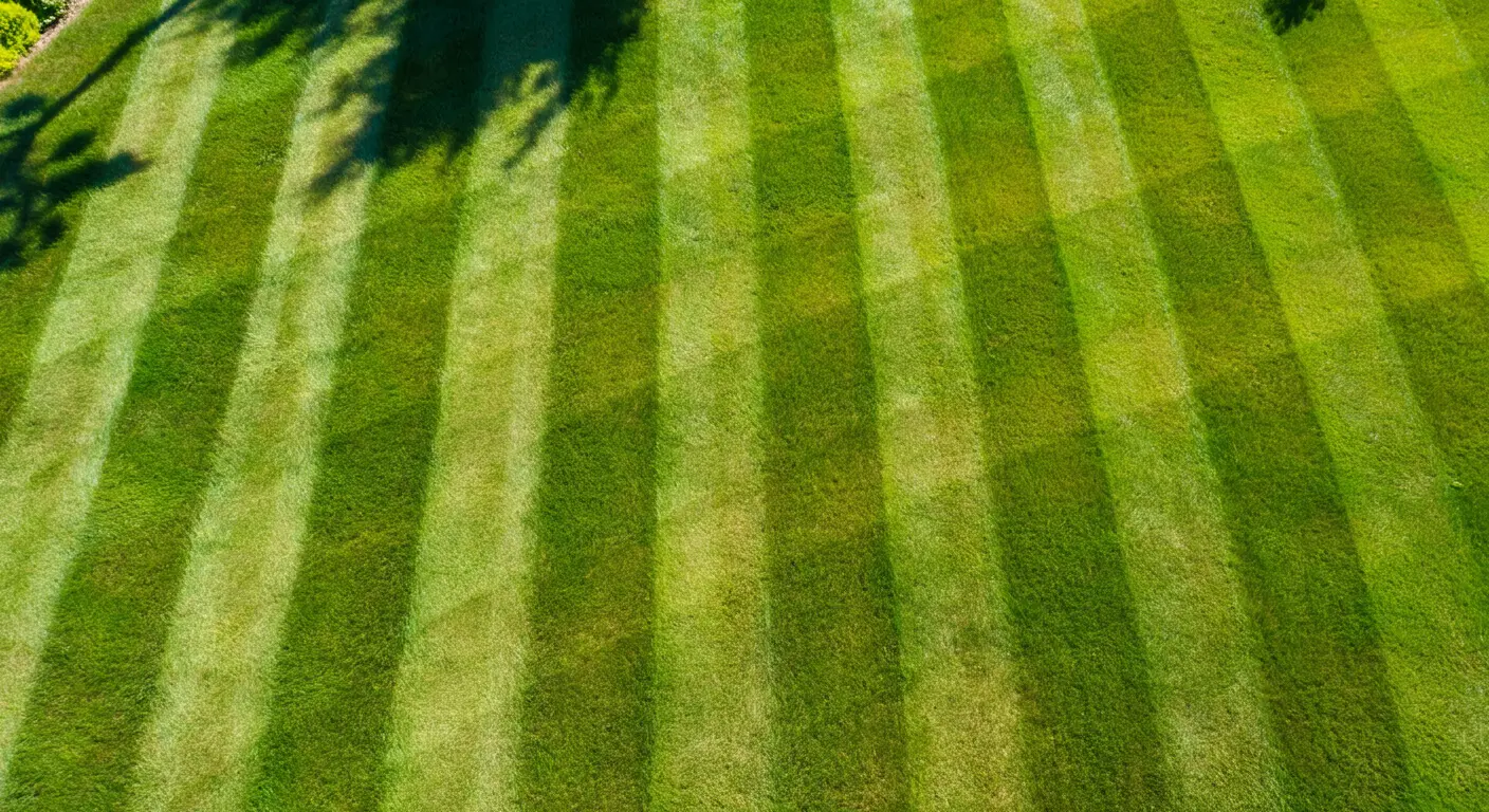 Professionally mowed green lawn with crisp, alternating stripes viewed from above