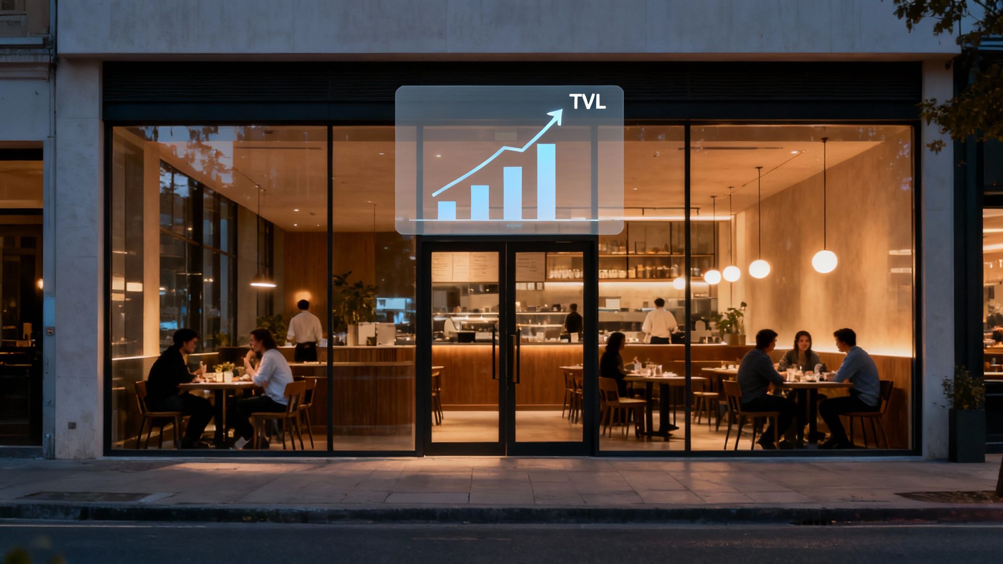 Exterior view of a modern cafe at night with diners and a prominent TVL growth chart overlay.
