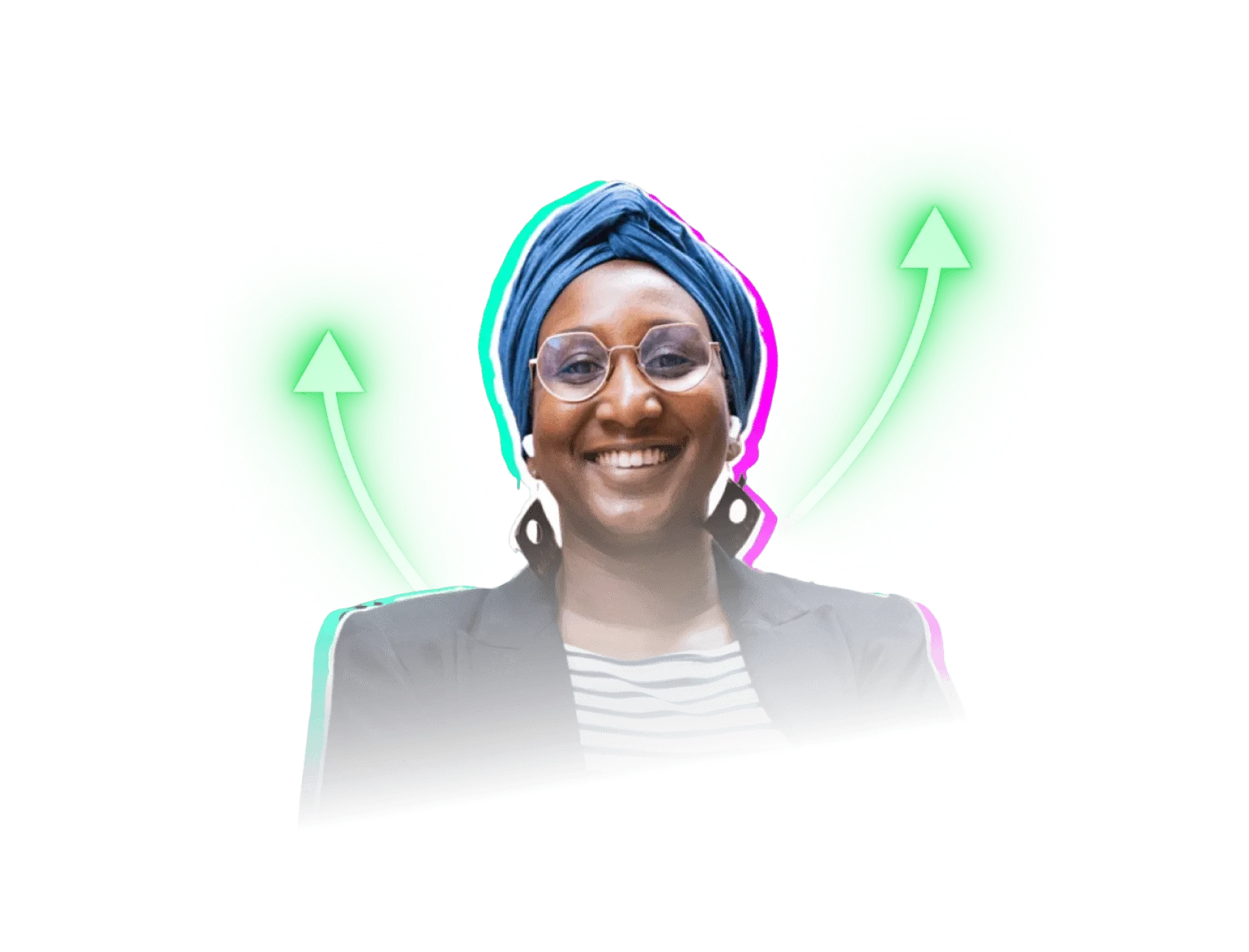 Femme souriante portant un turban bleu et des lunettes, encadrée par des flèches vertes lumineuses symbolisant la croissance.