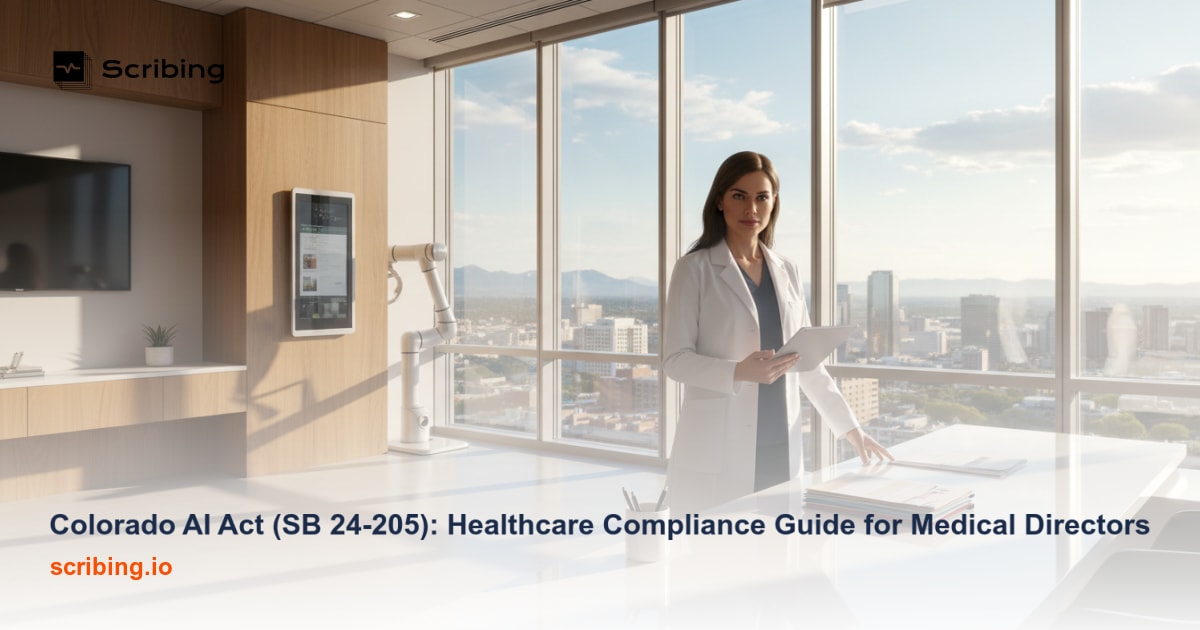 Healthcare compliance guide for the Colorado AI Act SB 24-205 showing hospital, AI technology, and regulatory governance concepts for Medical Directors