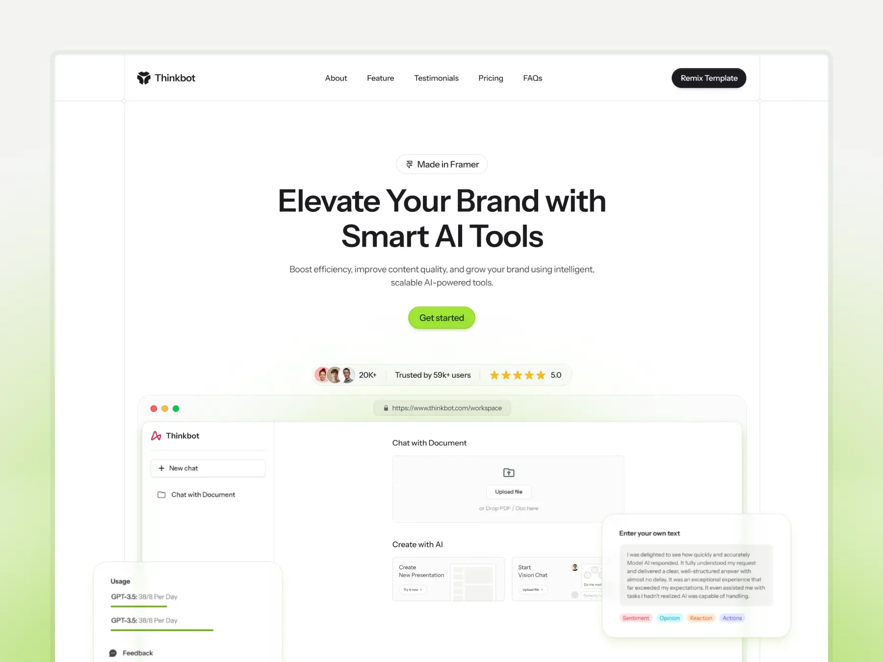 Thinkbot Framer template homepage for AI content generation and brand automation with clean minimalist design