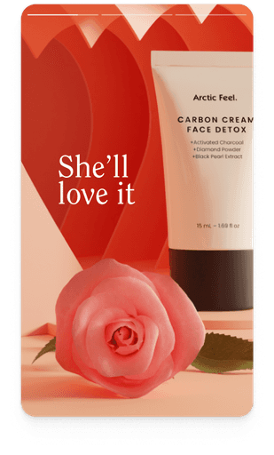 Carbon Cream Face Detox next to rose in front of heart shaped arch. Text: She'll love it. Instagram story.