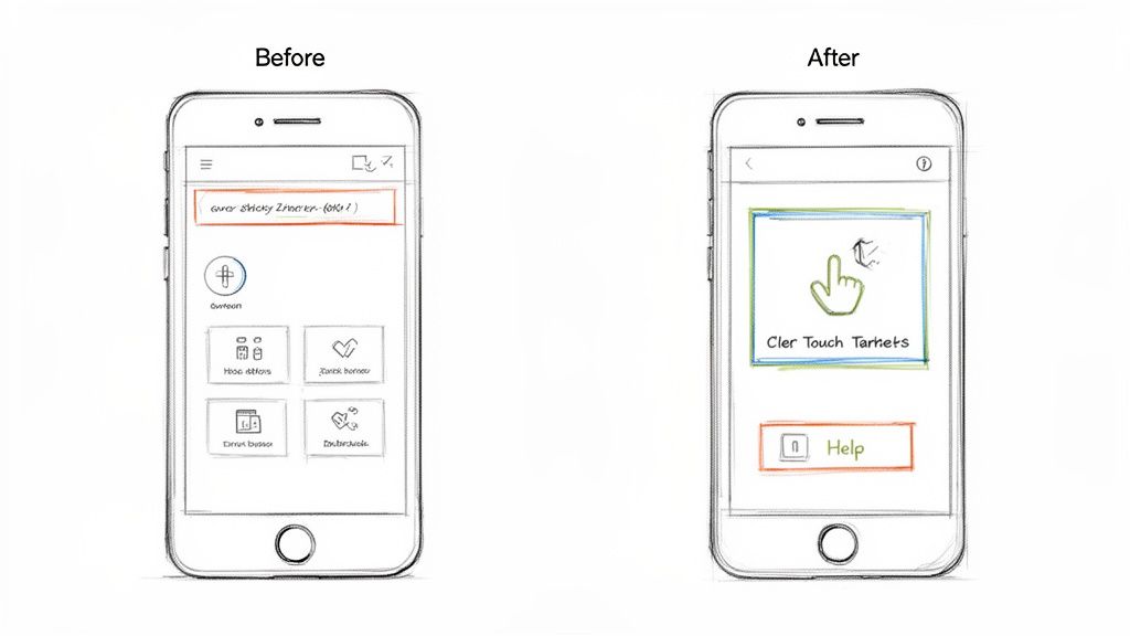 Two mobile app UI sketches comparing 'Before' and 'After' designs, focusing on interface changes.