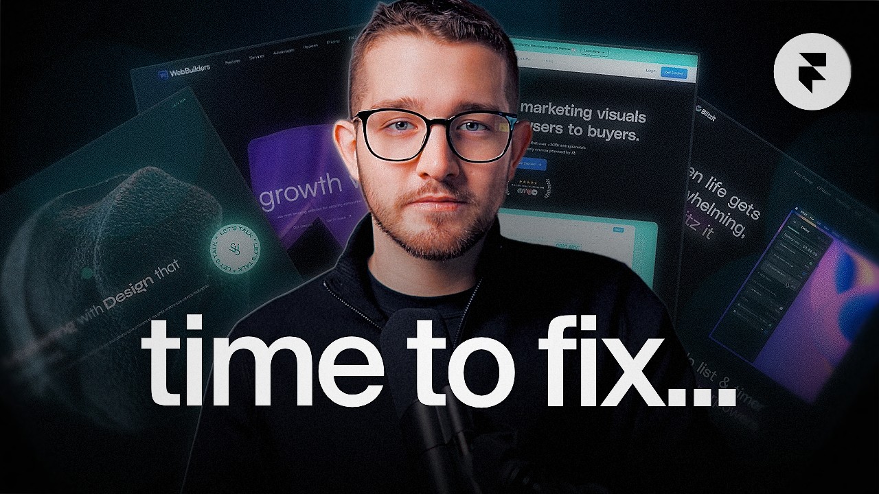 Web designer surrounded by website designs, "Time to fix" message