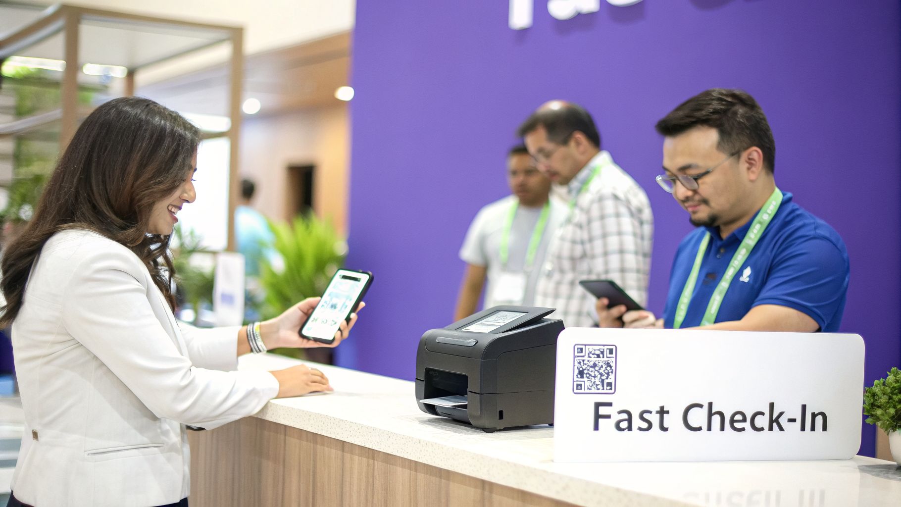 A smiling woman uses her smartphone for fast event check-in at a counter with a printer.