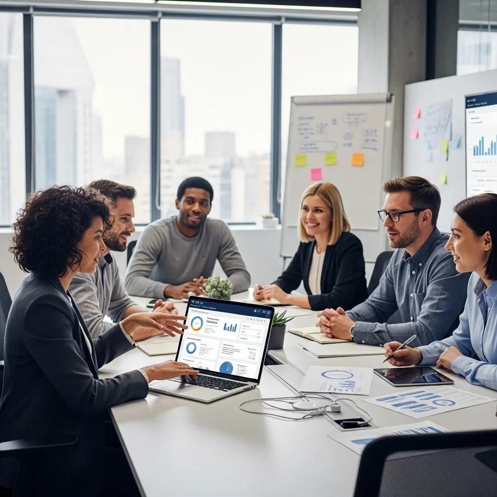 Diverse professionals collaborating in a modern office, highlighting AI sales assistants in action