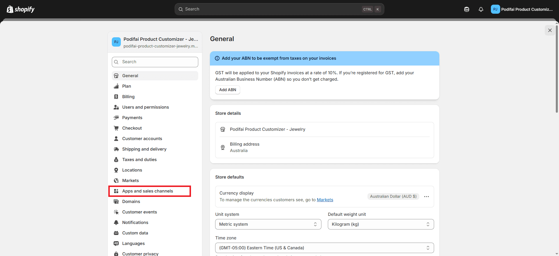 Apps and sales channels button