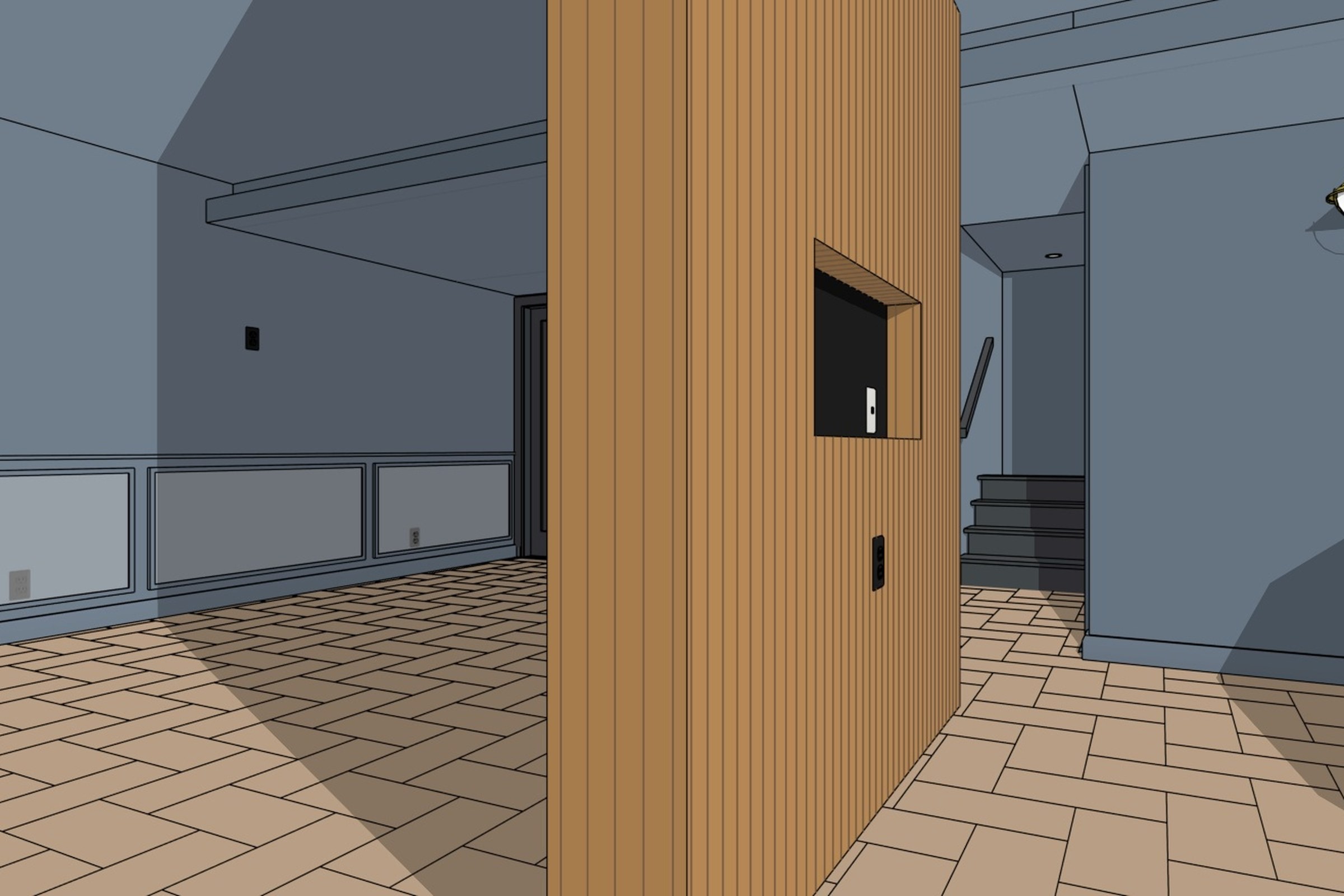 Crestmont basement 3D design view: slatted divider between the office and family room, stair beyond