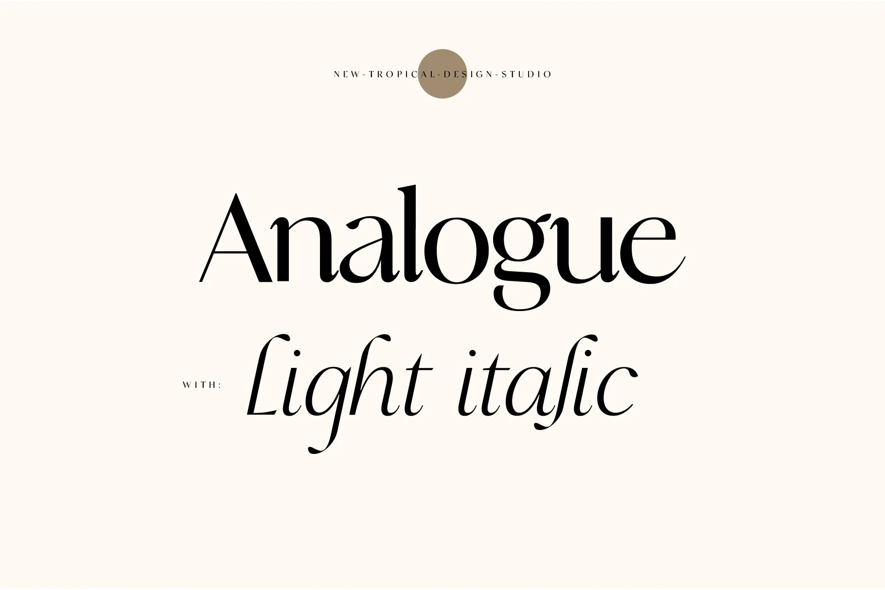 Showcase image of the Analogue font by New Tropical Design Studio, displayed with a light italic variant on a minimal cream background.