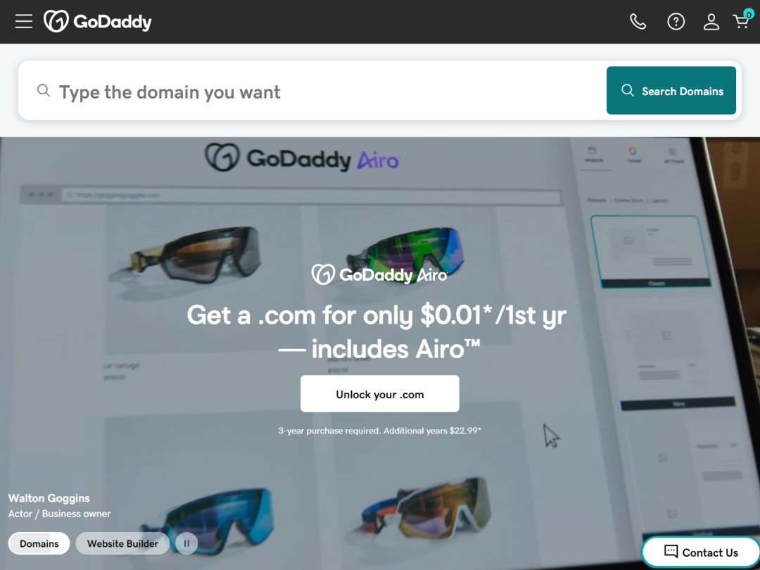 Domain search page with sunglasses, offering $0.01 first-year .com.